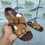 Premium Men's Suede Leather Cross-Strap Slides in Mustard Brown